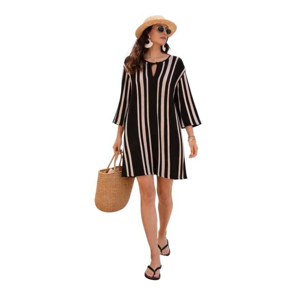 Zara Black Ivory Striped Boho Tunic Long Sleeve Minimalist Beach Women’s Large - Picture 4 of 12